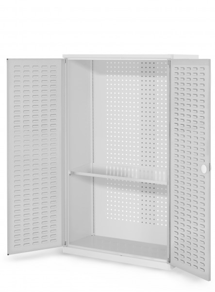 RasterPlan Werkzeugschrank Mod 3 410, H1600 x B1000 x T410 mm, RAL 7035. Türinnenseite: RasterPlan Schlitzplatten, 1 Fachboden.