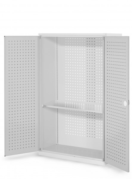 RasterPlan Werkzeugschrank Mod 3 410, H1600 x B1000 x T410 mm, RAL 7035. Türinnenseite: RasterPlan Lochplatten, 1 Fachboden.