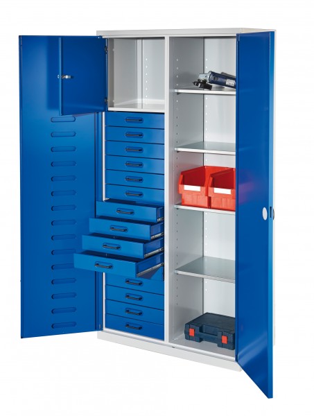 RasterPlan Arbeitsplatzhochschrank, H 1950 x B 1000 x T500 mm, RAL7035/5010. Inklusiv 15 Schubladen, 1 Privatfach, 4 Fachböden verzinkt