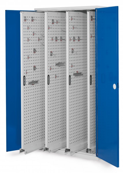 ®RasterPlan Vertikalschrank Modell 83 1950 x 1000 x 600 mm RAL 7035/5010. Doppelwandtür 4 Auszüge Lochplatten.