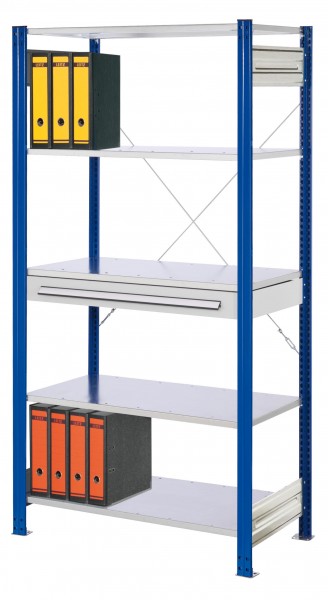 ®RasterPlan Steckregal Grundfeld RAL 5010 Modell 1 2000 x 1000 x 500 mm. Grundfeld mit 5 x Fachboden 500 mm 1 x Schubladenblock einfach.