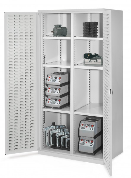 Schwerlastschrank mit Mitteltrennwand 1950 x 1000 x 600 mm Mod 51 RAL 7035. Türinnenseite: ®RasterPlan Schlitzplatten 3 Fachboden links verzinkt. 3 Fachboden rechts verzinkt.