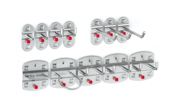 ®RasterPlan Werkzeughalter-Sortiment 12-teilig Alufarben 3 Werkzeughalter schräges Hakenende, 4 Werkzeughalter senkrechtes Hakenende, 3 Doppelte Werkzeughalter senkrechtes Hakenende, 1 Zangenhalter 1 Maschinenhalter