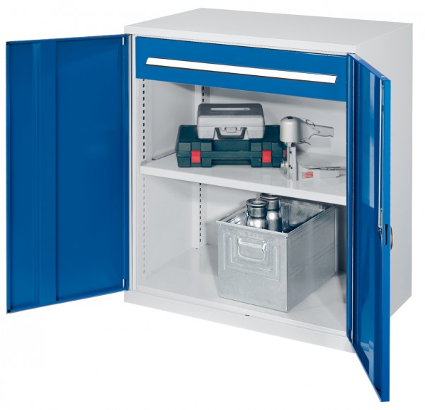 Schwerlast-Beistellschrank Modell 66 1110 x 1000 x 600 mm RAL 7035/5010. Vollblechtüren 1 Fachboden 1 Schublade 175 mm.