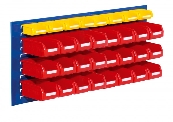 ®RasterPlan Schlitzplatten Einsteigerset 11 RAL 5010. 1 x Schlitzplatte H 450 x B 1000 mm 24 x Lagersichtkästen Größe 7 8 x Lagersichtkästen Größe 8.
