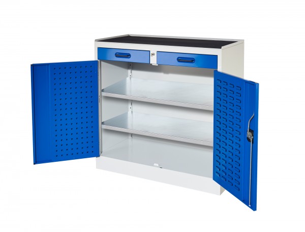 RasterPlan Arbeitsplatzschrank Modell 4a, RAL 7035/5010. Je 1 Innentür RasterPlan Lochplatten, RasterPlan Schlitzplatten, 2 Schubladen 2 Fachböden.