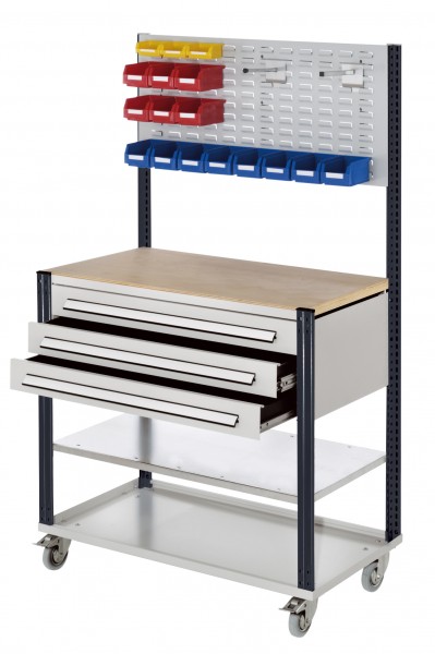 Mobile Arbeitsstation RAL 7035/7016 1730 x 1000 x 500 mm 3 Schubladen Schlitzplatte. Mit Zusatzboden.