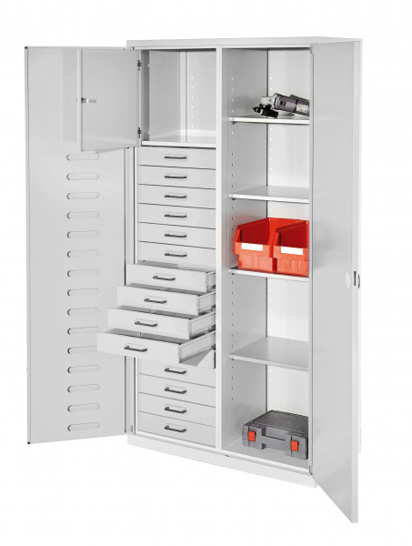 RasterPlan Arbeitsplatzhochschrank, H 1950 x B 1000 x T500 mm, RAL7035. Inklusiv 15 Schubladen, 1 Privatfach, 4 Fachböden verzinkt