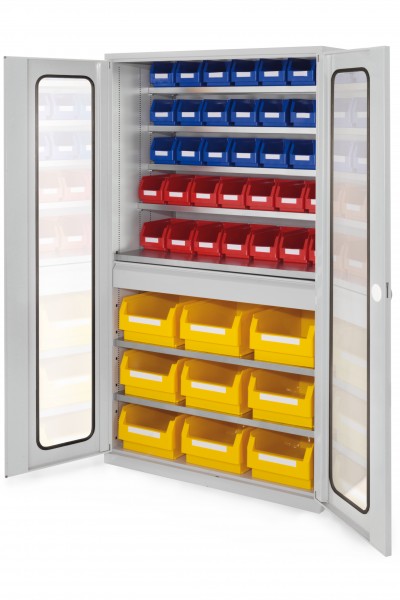 Großraumschrank Modell 31 RAL 7035 1950 x 1130 x 590 mm. Sichtfenstertüren 1 Schublade mittig inklusiv Lagersichtkasten 9 x Größe 2 14 x Größe 5 21 x Größe 6.