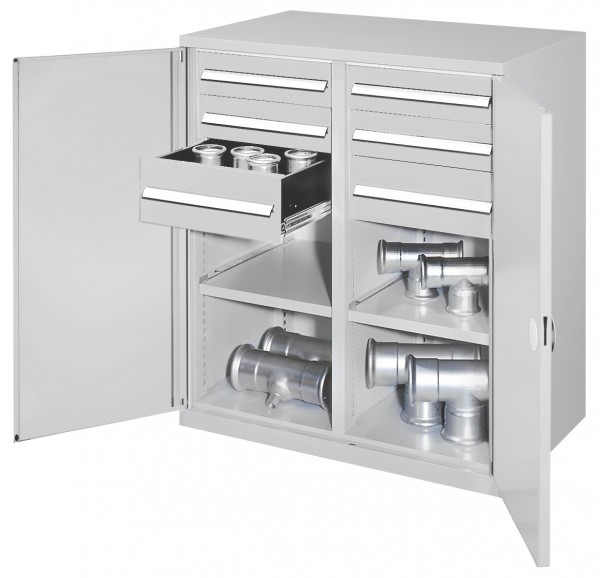 Schwerlast-Beistellschrank Modell 71 1110 x 1000 x 600 mm RAL 7035. Mit Mitteltrennwand Doppelwandtür 1 Fachboden links 1 Fachboden rechts 2 Schubladen H 100 mm 2 Schubladen H 125 mm 2 Schubladen H 175 mm.