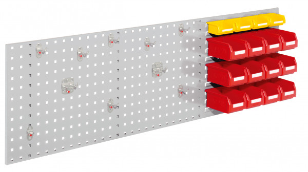 ®RasterPlan Kombiplatte Set 2 RAL 7035. 1 x Kombiplatte H 450 x B 1500 mm 12 x Lagersichtkästen Größe 7 4 x Lagersichtkästen Größe 8 1 x Werkzeughaltersortiment 10-teilig.