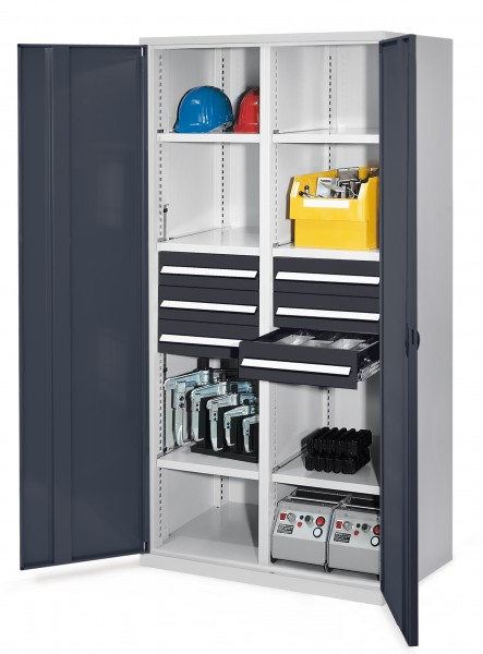Schwerlastschrank mit Mitteltrennwand 1950 x 1000 x 600 mm Mod 53 RAL 7035/7016. Vollblechtür 6 Schubladen H 125 mm 3 Fachboden links verzinkt 3 Fachboden rechts verzinkt.