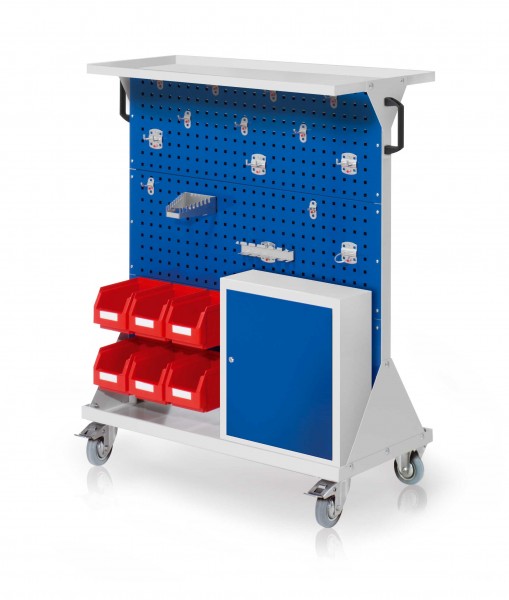 RasterMobil Gr. 3 RAL 7035/5010 H 1270 x B 1000 x T 500 mm. 1 x Auflageboden aus Stahlblech 1 x Werkzeughaltersort. 15-teilig 1 x Einhängeschrank 6 x Lagersichtkästen Größe 6.
