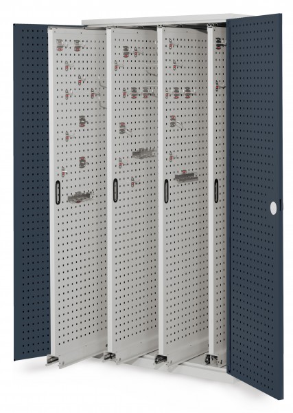 ®RasterPlan Vertikalschrank Modell 83 1950 x 1000 x 600 mm RAL 7035/7016. Türinnenseite: ®RasterPlan Lochplatten. 4 Auszüge Lochplatten.