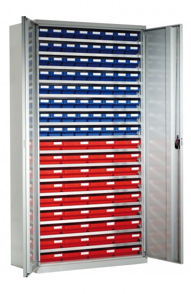 Systemschrank mit Regalkästen Modell 2 H 1950 x B 1000 x T 500 mm RAL 7035. Inklusiv 64 Kästen 400 x 120 x 65 36 Kästen 400 x 240 x 65 mm.