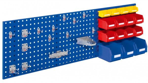 ®RasterPlan Kombiplatte Set 4 RAL 5010. 3 x Kombiplatte H 450 x B 1500 mm 3 x Lagersichtkästen Größe 6 8 x Lagersichtkästen Größe 7 4 x Lagersichtkästen Größe 8 1 x Werkzeughaltersortiment 15-teilig.