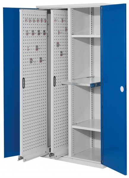 ®RasterPlan Vertikalschrank Modell 84 1950 x 1000 x 600 mm RAL 7035/5010. Doppelwandtür. 2 Auszüge Lochplatten 2 Böden 1 Auszugsboden.