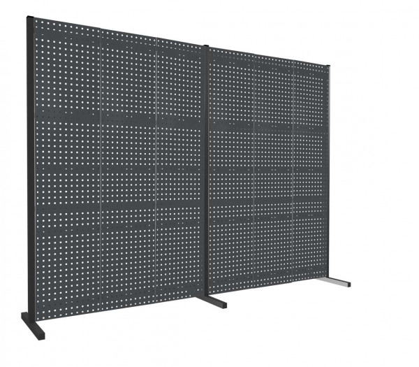 ®RasterPlan Trennwand Doppelfeld 180° L1500 / 1500 mm H2000 mm RAL 7016. Mit 6 ®RasterPlan Lochplatten.