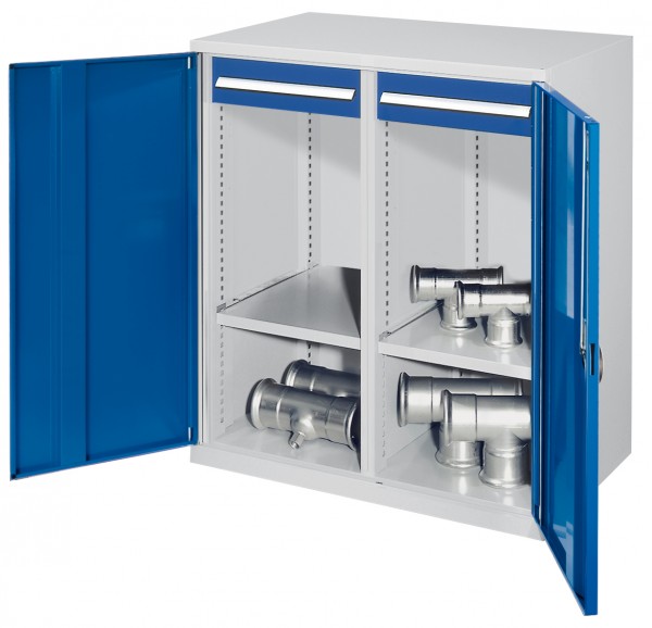Schwerlast-Beistellschrank Modell 73 1110 x 1000 x 600 mm RAL 7035/5010. Mit Mitteltrennwand Vollblechtüren 1 Fachboden links 1 Fachboden rechts 2 Schubladen 100 mm.