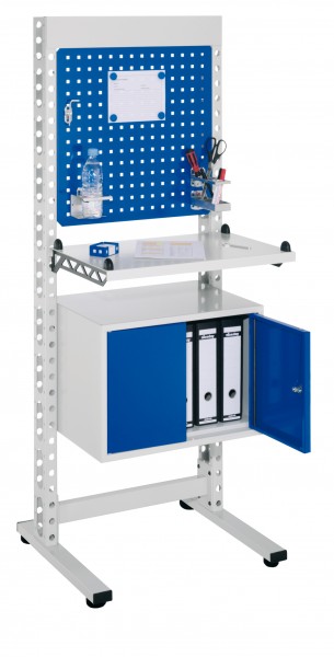 ErgoPlus Steharbeitsplatz RAL 7035 /5010 H 1770 x B 670 mm,. Modell 3 inklusiv 1 Ordnerschrank 400 x B 570 x T 400 mm ausgestattet mit 4 Bodenausgleichsfüßen.