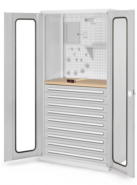 ®RasterPlan Schubladenschrank Modell 37 RAL 7035. Sichtfenstertür. 1950 x 1000 x 600 mm 9 Schubladen H 100 mm 1 Werkbankplatte Multiplex.