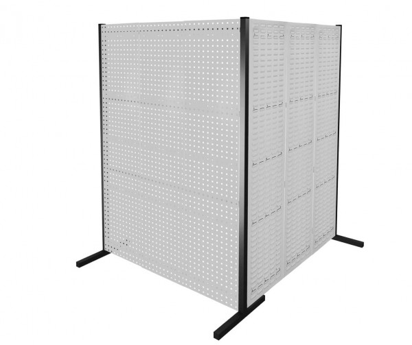 ®RasterPlan Trennwand Doppelfeld 90° 1500 / 1500 mm H2000 mm RAL 7035. Mit 4 ®RasterPlan Lochplatten 2 ®RasterPlan Schlitzplatten.
