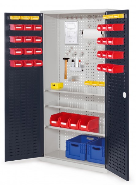 ®RasterPlan Werkzeugschrank Mod 6 410 H1950 x B1000 x T410 mm RAL 7035/7016. Türinnenseite: ®RasterPlan Schlitzplatte 3 Fachböden.