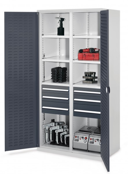Schwerlastschrank mit Mitteltrennwand 1950 x 1000 x 600 mm Mod 55 RAL 7035/7016. Türinnenseite: ®RasterPlan Schlitzplatte 2 Schubladen H 100 mm 2 Schubladen H 125 mm 2 Schubladen H 175 mm 3 Fachböden links verzinkt 3 Fachböden rechts verzinkt.