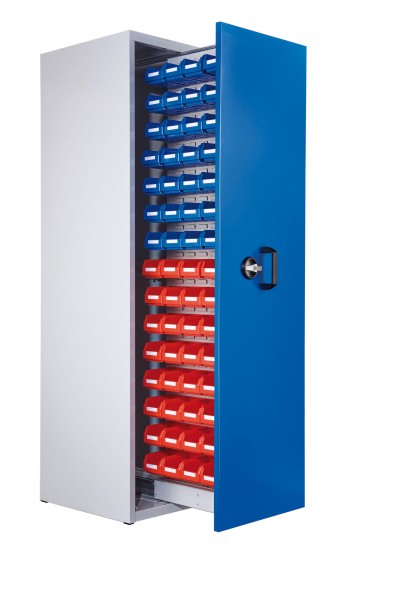 ®RasterPlan Zugwagenschrank Mod 2 2000 x 590 x 600 mm 7035/5010. 1 Auszug einseitig bestückt mit Lagersichtkasten 60 x Größe 7.