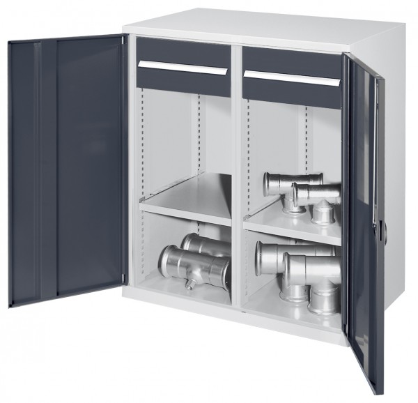 Schwerlast-Beistellschrank Modell 76 1110 x 1000 x 600 mm RAL 7035/7016. Mit Mitteltrennwand Vollblechtüren 1 Fachboden links 1 Fachboden rechts 2 Schubladen H 175 mm.