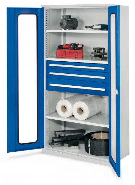 Schwerlastschrank ohne Mitteltrennwand 1950 x 1000 x 600 mm Mod 46 RAL 7035/5010. Sichtfenstertüren 3 Fachböden verzinkt 1 Schublade H 100 mm 1 Schublade H 125 mm 1 Schublade H 175 mm.