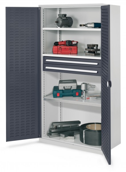 Schwerlastschrank ohne Mitteltrennwand 1950 x 1000 x 600 mm Mod 45 RAL 7016. Türinnenseite: ®RasterPlan Schlitzplatte 3 Fachböden verzinkt 2 Schubladen H 100 mm.