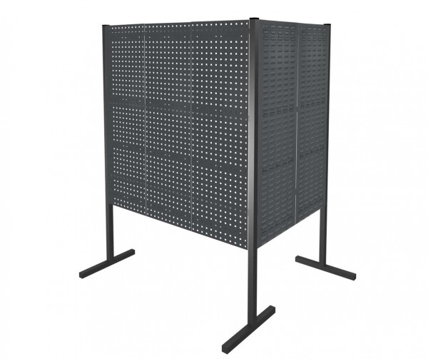 ®RasterPlan Trennwand Doppelfeld 90° 1000 / 1500 mm H1500 mm RAL 7016. Mit 3 ®RasterPlan Lochplatten 2 ®RasterPlan Schlitzplatten.