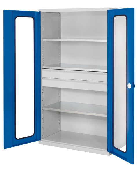 ®RasterPlan Großvolumenschrank 1950 x 1130 x 590 mm RAL 7035/5010. Sichtfenstertüren 2 Schublade 3 Böden
