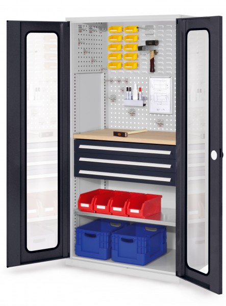®RasterPlan Schubladenschrank Modell 35 RAL 7035/7016. Sichtfenstertüren 1950 x 1000 x 600 mm mm 3 Schubladen H 100 mm mm 1 Fachböden verzinkt 1 Werkbankplatte Multiplex.