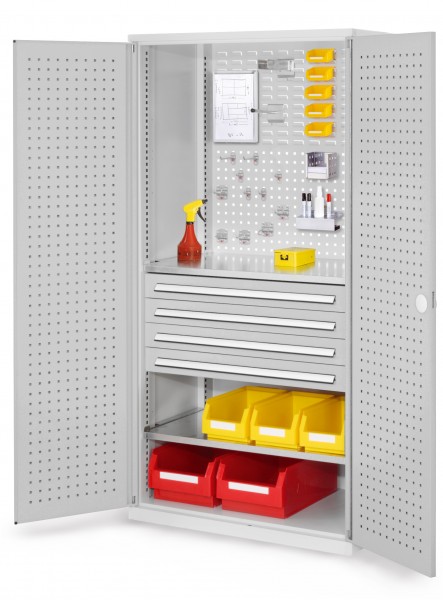 ®RasterPlan Schubladenschrank Modell 13 RAL 7035. Türinnenseite: Lochplatten 1950 x 1000 x 600 mm 4 Schubladen H 100 mm 2 Fachböden verzinkt.