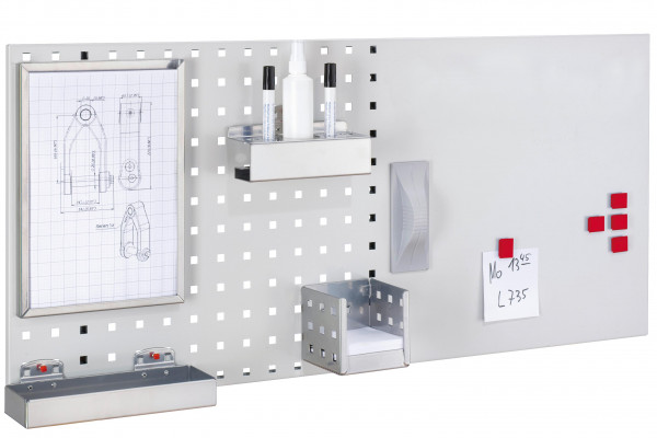 LogoChart Office Set 1, RAL 7035. 1 LogoChart®, RAL 7035, 1 Formularhalter, 1 Zettelbox, 1 Ablagebox, 1 Kombi Stifthalter, 5 Magnete, 1 Wischer (magnetisch), 1 Reinigungsspray, 2 Non-Permanent-Stifte (schwarz).