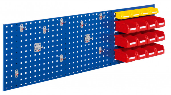 ®RasterPlan Kombiplatte Set 2 RAL 5010. 3 x Kombiplatte H 450 x B 1500 mm 12 x Lagersichtkästen Größe 7 4 x Lagersichtkästen Größe 8 1 x Werkzeughaltersortiment 10-teilig.