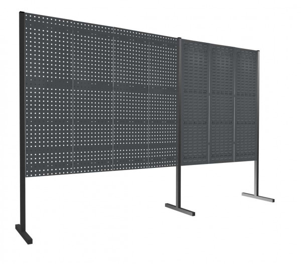 ®RasterPlan Trennwand Doppelfeld 180° 1500 / 2000 mm H1500 mm RAL 7016. Mit 4 ®RasterPlan Lochplatten 3 ®RasterPlan Schlitzplatten.