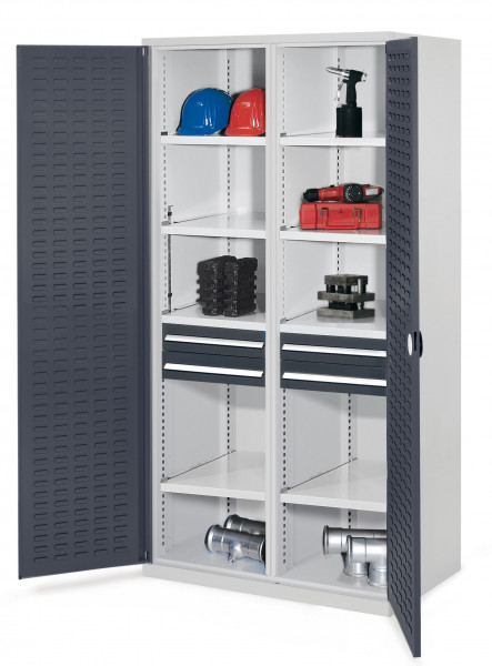 Schwerlastschrank mit Mitteltrennwand 1950 x 1000 x 600 mm Mod 56 RAL 7035/7016. Türinnenseite: ®RasterPlan Schlitzplatte 2 Schubladen H 100 mm 4 Fachböden links verzinkt 4 Fachböden rechts verzinkt.