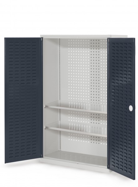 RasterPlan Werkzeugschrank Mod. 4 410, H1600 x B1000 x T410 mm, RAL 7035/7016. Türinnenseite: RasterPlan Schlitzplatte, 2 Fachböden.