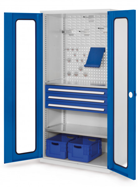 ®RasterPlan Schubladenschrank Modell 32 RAL 7035/5010. Sichtfenstertür. 1950 x 1000 x 600 mm 3 Schubladen H 100 mm 2 Fachböden verzinkt.