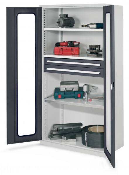 Schwerlastschrank ohne Mitteltrennwand 1950 x 1000 x 600 mm Mod 45 RAL 7035/7016. Sichtfenstertüren 3 Fachböden verzinkt 2 Schubladen H 100 mm