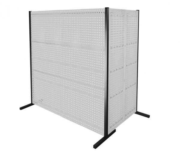 ®RasterPlan Trennwand Doppelfeld 90° 1000 / 2000 mm H2000 mm RAL 7035. Mit 3 ®RasterPlan Lochplatten 3 ®RasterPlan Schlitzplatten.
