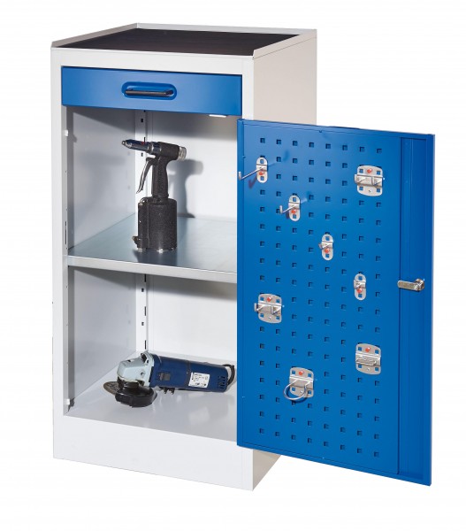 RasterPlan Arbeitsplatzschrank Modell 1, 1000 x 500 x 500 mm. RAL 7035/5010, Türinnenseite: RasterPlan Lochplatten, 1 Schublade, 1 Boden.