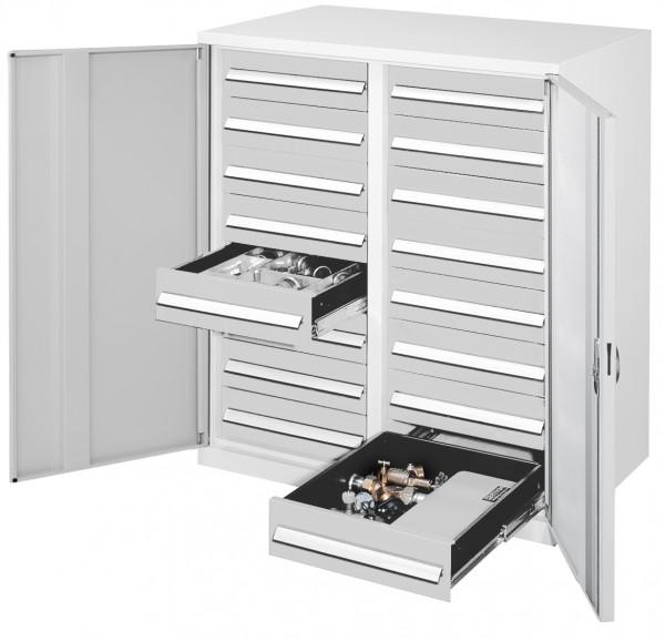 Schwerlast-Beistellschrank Modell 72 1110 x 1000 x 600 mm RAL 7035. Mit Mitteltrennwand Vollblechtüren 16 Schubladen H 125 mm.