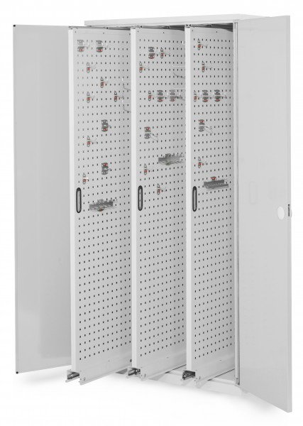 ®RasterPlan Vertikalschrank Modell 85 1950 x 1000 x 600 mm RAL 7035. Doppelwandtür 3 Auszüge Lochplatten.