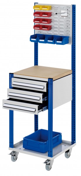 Mobile Arbeitsstation RAL 7035/5010 1730 x 500 x 500 mm 3 Schubladen Schlitzplatte.