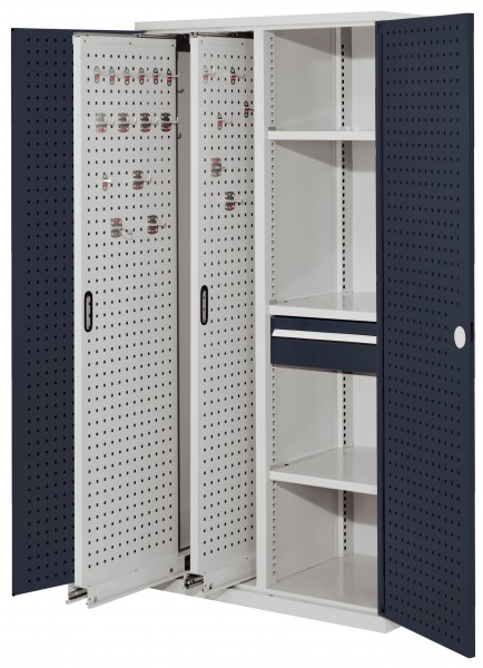 ®RasterPlan Vertikalschrank Modell 82 1950 x 1000 x 600 mm RAL 7035/7016. Türinnenseite: ®RasterPlan Lochplatten 2 Auszüge Lochplatten 3 Fachböden 1 Schubladen 175 mm.