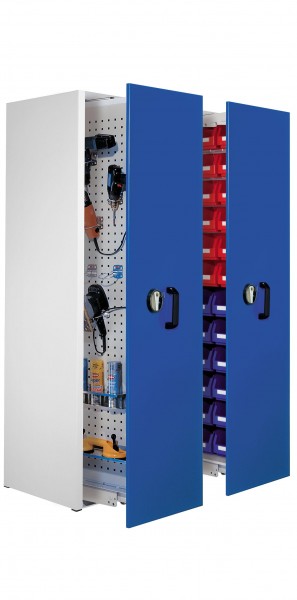 ®RasterPlan Zugwagenschrank RAL 7035/5010 2000 x 1100 x 600 mm. 1 Auszug Lochplatten 1 Auszug Schlitzplatten.